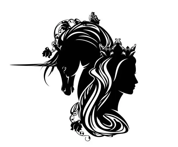 Vector illustration of black vector silhouette portrait of fairy tale princess with long mane unicorn horse and rose flowers