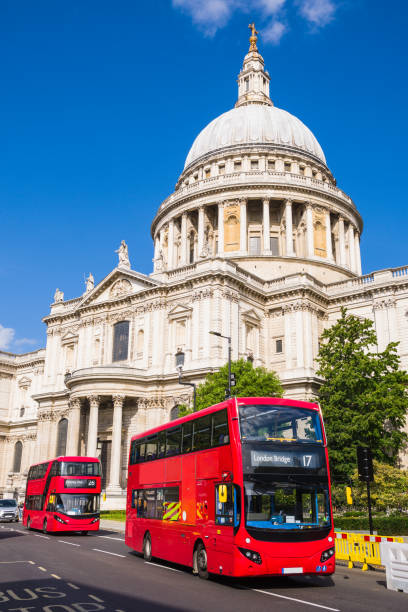 istock London red double decker buses beneath St Paul's Cathedral 2057754283