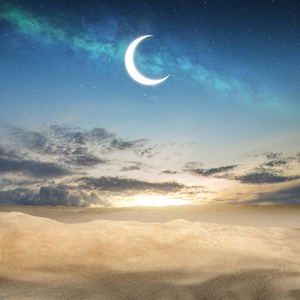 istock Desert at night with beautiful crescent moon for wallpaper background. 2057768920