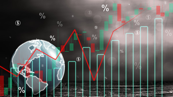 Earth with the symbol of rising inflation rate graph arrow. Inflation concept