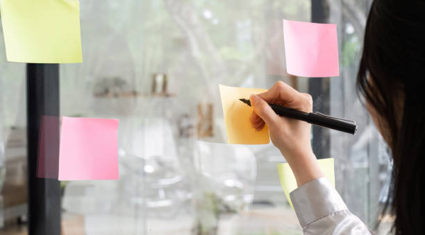 istock Business woman writes a work plan and plans work on note paper posted on the wall. 2057778919