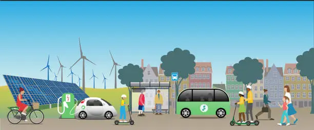 Vector illustration of Urban sustainable environment with renewable energy.