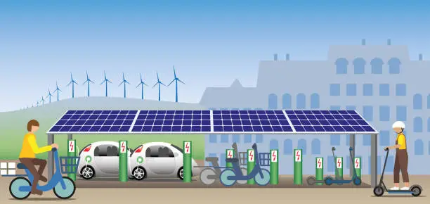 Vector illustration of Charging station with solar panel for electric vehicles