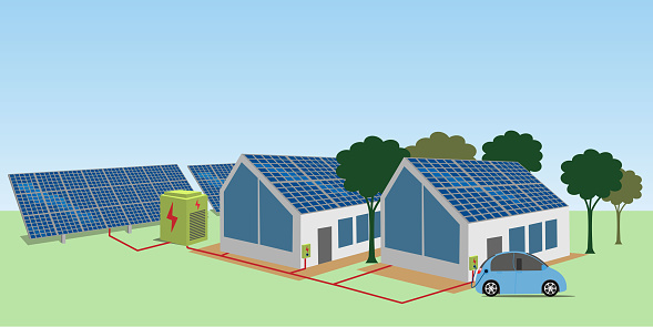 Renewable energy,  solar panels generating sustainable power, home battery energy storage.  Electric car charging on renewable smart electricity.  Vector Illustration