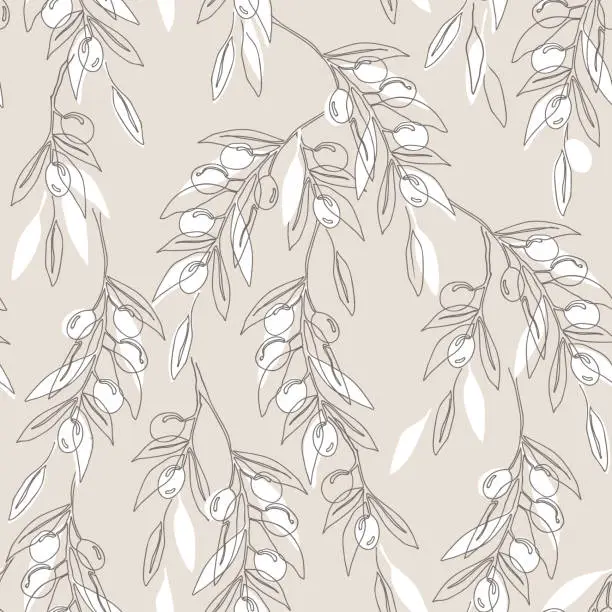 Vector illustration of Elegant olive branches and fruits seamless pattern, continuous line drawing, beige background. Hand drawn floral texture, vector illustration