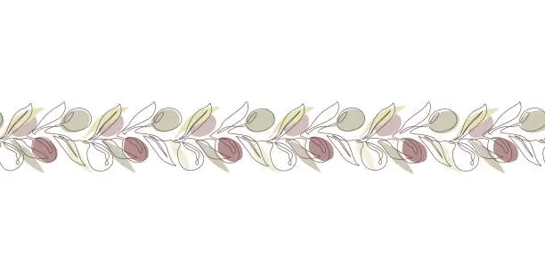Vector illustration of Olive branches and fruits seamless border pattern, continuous line drawing, pastel colors. Hand drawn floral background, vector illustration.