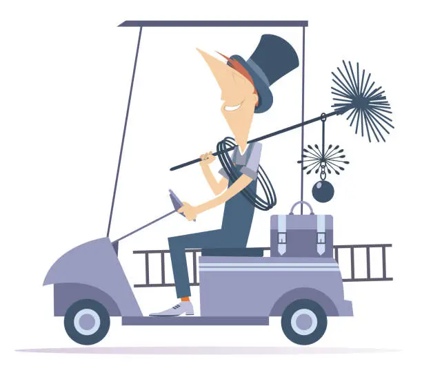 Vector illustration of Cartoon chimney sweeper rides on the car