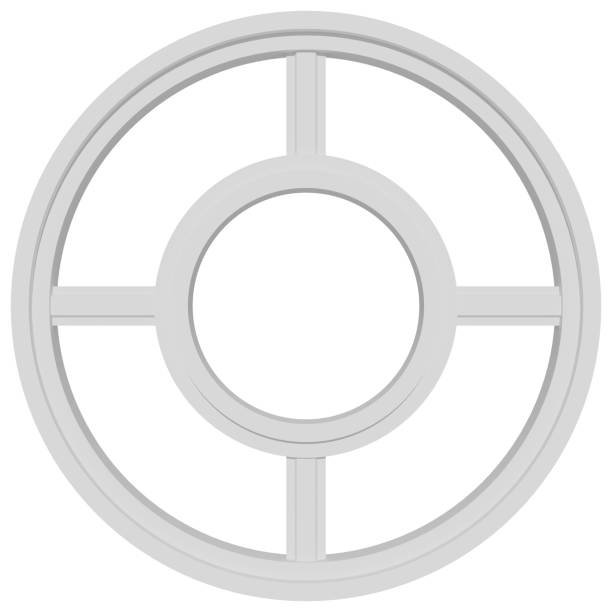 A white circle window frame with four panes and a circle in the middle. 3d rendering.