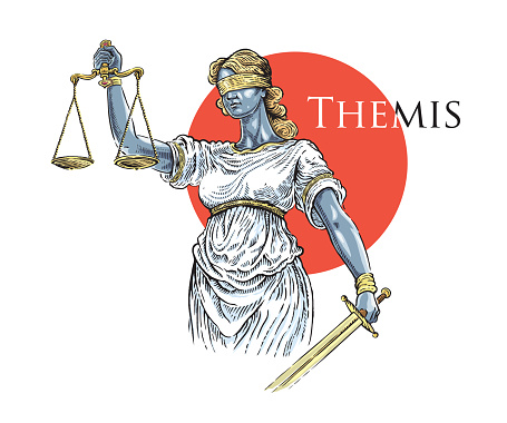 Illustration of the ancient Greek goddess Themis, personifying justice and fair trial, in the engraving style and painted in color. Vector illustration.