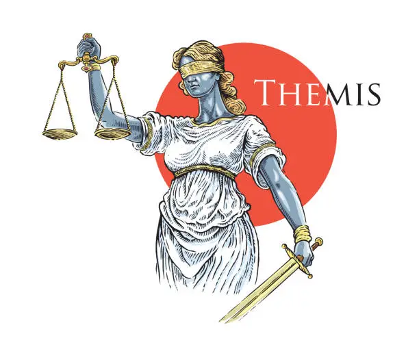 Vector illustration of Illustration of the ancient Greek goddess Themis, personifying justice and fair trial, in the engraving style.