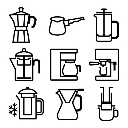 Single color isolated outline icons of different coffee maker machines