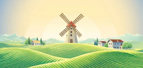 Vector illustration of Rural summer landscape with of a village and a windmill standing on a hill.