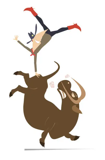 Vector illustration of Farmer or cowboy and angry bull. Rodeo