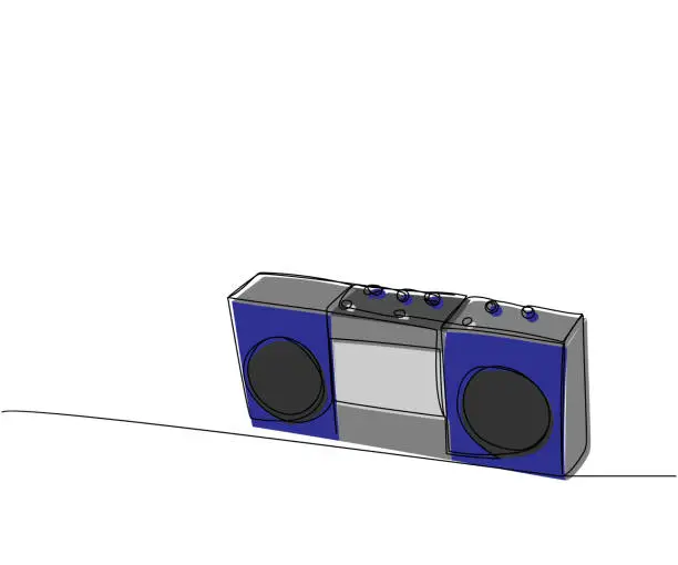 Vector illustration of Record player, tape recorder one line color art. Continuous line drawing of tape, retro, cassette, vintage, hipster, music, compact, radio, audio, player, stereo, sound, boombox, 80s, disco, 90s