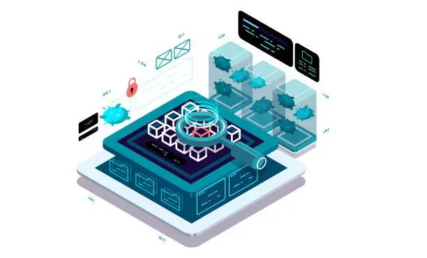 Vector illustration of Data protection, anti-virus system, protection against malicious programs and applications. Data visualization concept. 3d isometric vector illustration.