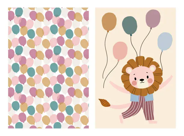 Vector illustration of Set of bright patterns with balloons and lion.