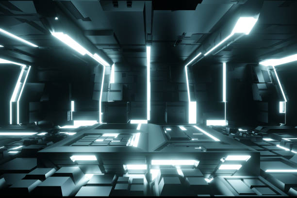 istock Podium in spaceship or space station interior, Sci Fi tunnel, stage for product presentation, 3D rendering. 2057845101