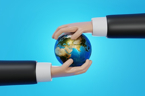 Businessman hand holding earth world revolve around, worldwide global business or communication concept, 3D rendering.