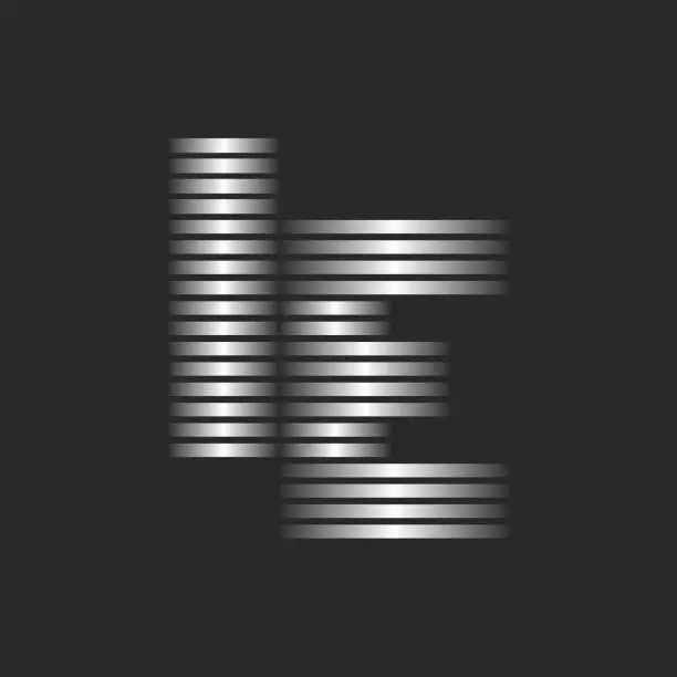 Vector illustration of Letters IE or EI initials logo design featuring silver thin parallel horizontal lines, a combination of two letters T and I monogram striped logotype, linear typography mark with metallic gradient.