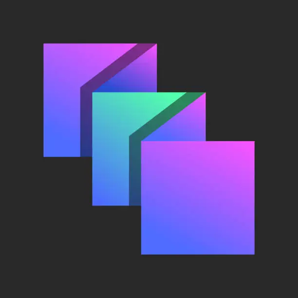 Vector illustration of Three squares surfaces logo made of folded paper in colorful gradient, layers geometric shapes in origami style. Conceptual symbol featuring 3 areas, levels, and shadows.