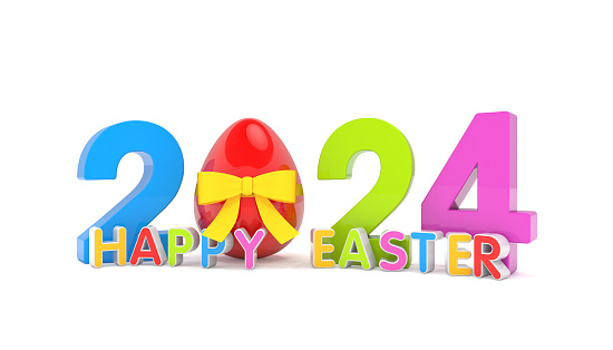 3d rendering of the year 2024 in blue, green and magenta with the number zero as an Easter egg in red with a yellow ribbon, in the foreground is a lettering with the message Happy Easter over white background - vacation concept.