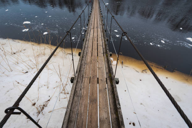 Rippsilla, a suspension bridge over the Jagala River on a winter day. High quality photo