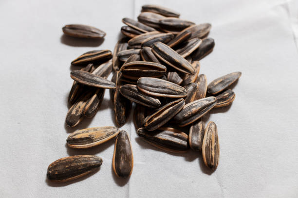 Full Frame Of Sunflower Seed On A Wooden Plate. Snack Menu.