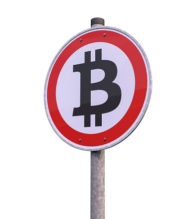 3d rendering of a road sign - ban on bitcoin, on white background.