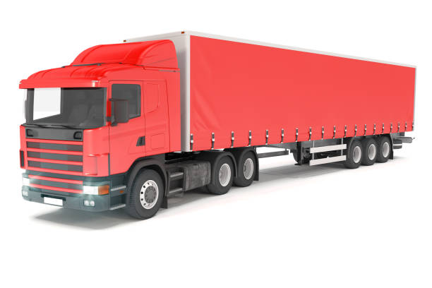 3d rendering of red cargo truck over white background.