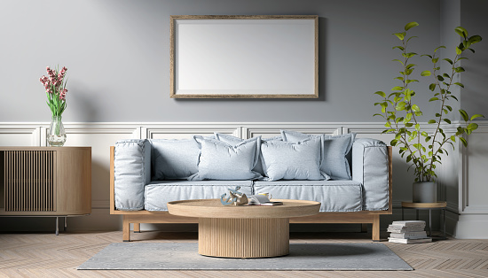 3d rendering of a Scandinavian living room with a sofa and a table. - Mock-up - Placeholder