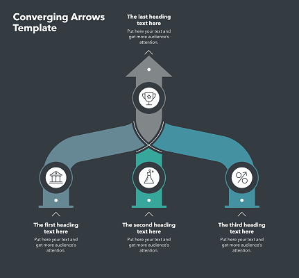 Vertical template for converging arrows with three levels - dark version. Flat infographic design for website or data presentation.