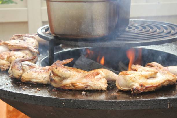 roast frying grilled chicken on the barbecue outdoor. tasty meat on open fire with smoke and flames. bbq party on backyard. family time concept. rotisserie home cooking festival. street food cafe - rotisserie chicken roasted barbecue ストックフォトと画像