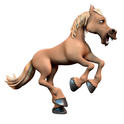3D rendering of a brown cartoon horse isolated on white background