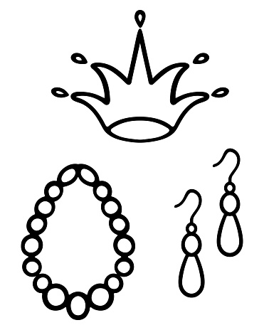 Collection of jewelry. Sketch. Set of vector illustrations. A shining crown, a pair of elongated earrings made of beads and drops, necklaces made of round pearls. Precious items for royalty. Outline on isolated background. Coloring book for children. Fashionable jewelry. Idea for web design.