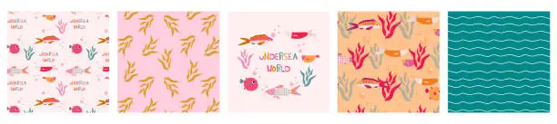 Vector illustration of Collection of prints with isolated fish and nautical theme patterns.