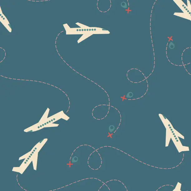Vector illustration of seamless pattern with airplanes and flight path.