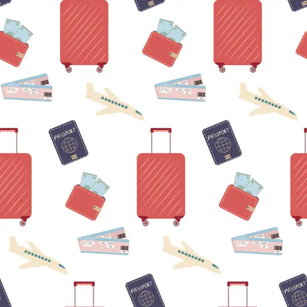 Vector illustration of seamless pattern with airplanes, luggage, suitcase, plane tickets, passport and wallet.