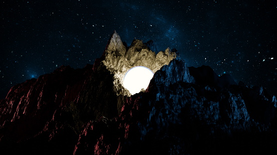 Radiant full moon rises between jagged mountain peaks under a star-filled sky, casting a luminous glow over the rugged terrain. 3d render