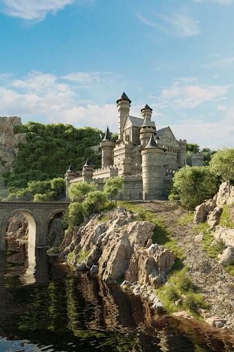 Stone castle with turrets stands on cliff with an arched bridge over water, surrounded by greenery under blue sky. 3d render