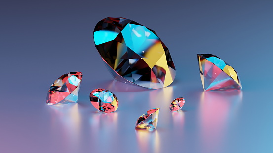 Gemstones with brilliant facets, Vividly colored reflecting light on a smooth surface. 3d render