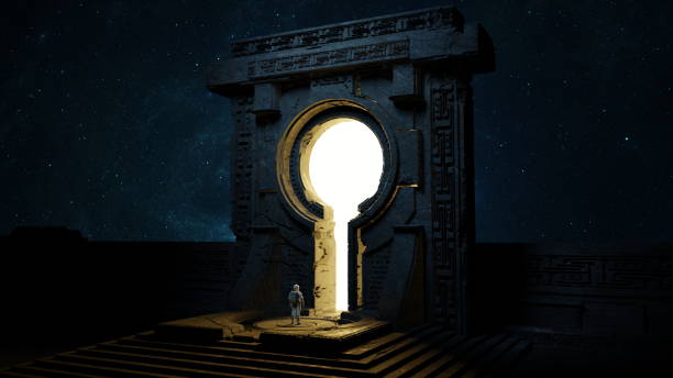 istock Astronaut facing an ancient portal emitting a bright light against the cosmic backdrop of stars.Cosmonaut and stargate doorway. 3d render 2057883057