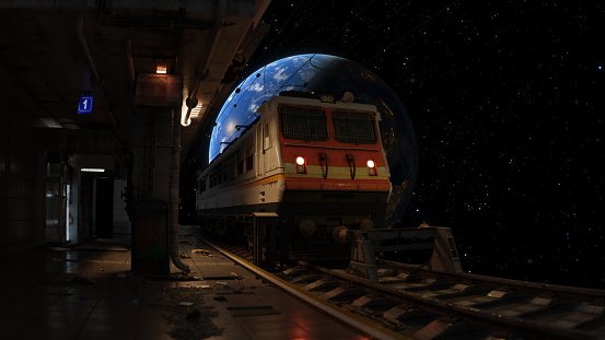 Surreal scene of a train emerging from a dark platform, with a gigantic Earth rising in the backdrop, set against the infinite cosmos. 3d render