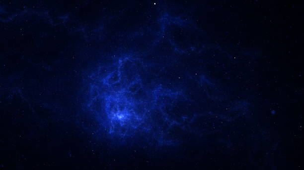 Vast starry night sky with a prominent nebula emitting a bright, blue glow amidst countless stars. Universe space. 3d render