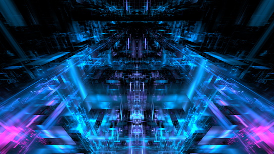 Complex digital structure with a central blue light beam flanked by magenta highlights and mirrored layers. 3d render
