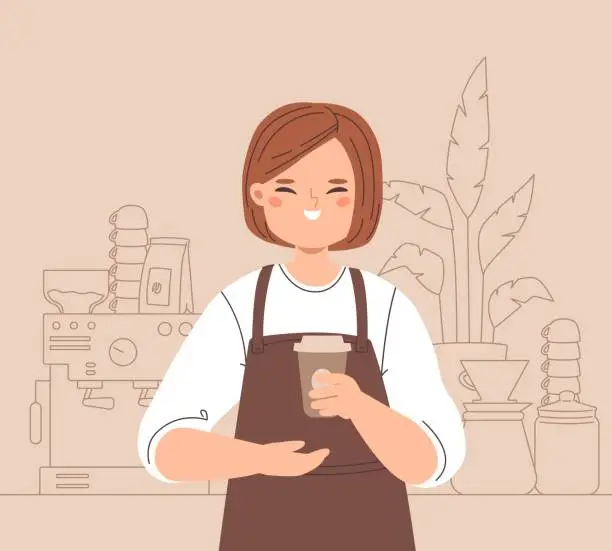 Vector illustration of Barista at work. Cute happy girl hold coffee to go. Take away cafe or restaurant service. Good morning hot drink concept, snugly vector character