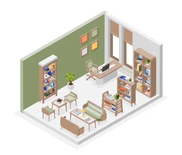 Vector illustration of Isometric library interior. Reading club or bookstore. Room with bookshelves, chairs and desk. School or university, flawless vector scene
