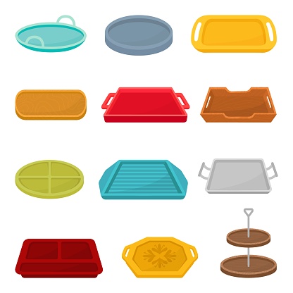 Cartoon trays. Isolated empty meal tray, equipment for canteen, cafeteria or restaurant. Wooden, plastic and metal kitchen neoteric vector elements of empty food tray illustration