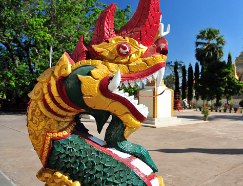 Vientiane, Laos: Wat That Luang Neua, temple on That Luang Park, Pha That Luang complex, Ban Thatluang. Nagas, mythical water serpents, are known as beings with magical abilities and can take human form at any time. They are considered guardians of crossings, thresholds and doors.