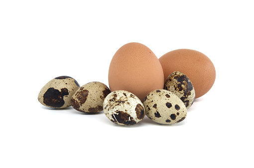 Larger brown eggs and smaller quail eggs isolated on white background