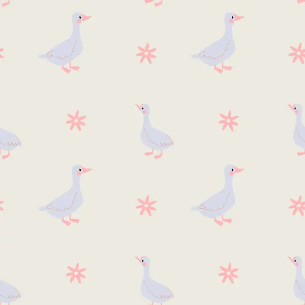 Vector illustration of Seamless  Pattern with Geese and  Flowers in Gentle Colors.